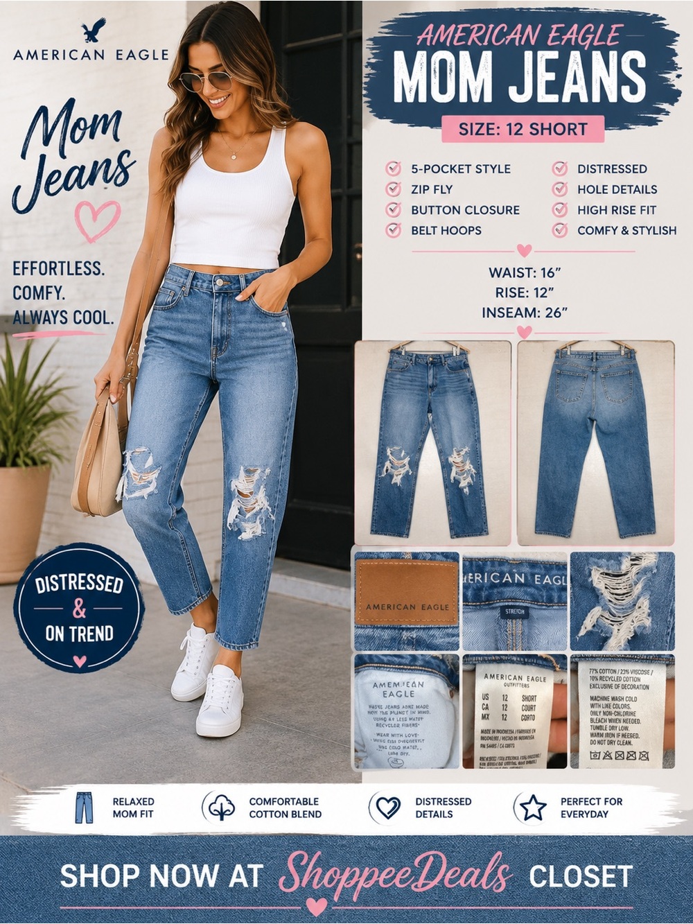 American Eagle Mom Jeans Distressed High Rise – Women’s Size 12 Short